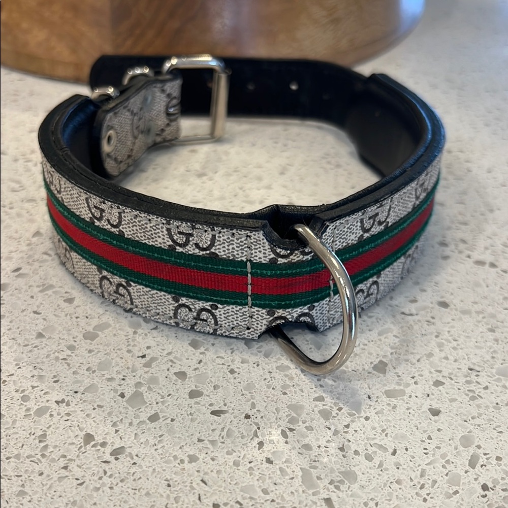 Gucci Dog Collar - Grey with Red and Green Stripe